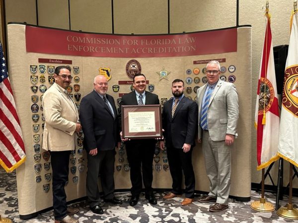 Pictured, left to right: Billy Woods (Vice Chair for the Commission for Florida Law Enforcement Accreditation), Tom Saunders (Okaloosa County Auditor/Investigator, Brad Embry (Okaloosa County Inspector General), Steven Keehn (Okaloosa County Guardianship Compliance Officer), and Stacy Leman (Executive Director of the Commission for Florida Law Enforcement Accreditation).